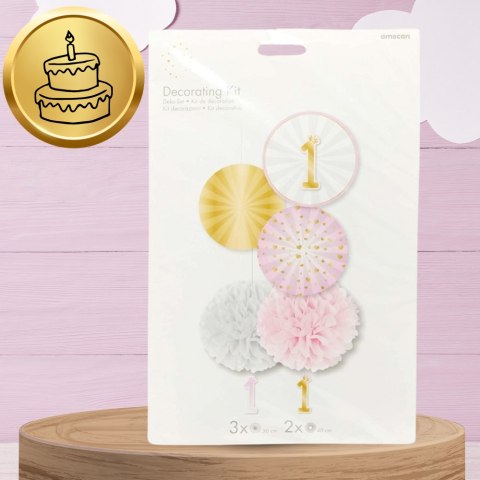 ZESTAW DEKORACJI NA ROCZEK 1 URODZINY DLA DZIEWCZYNKI RÓŻOWY 5 SZT.