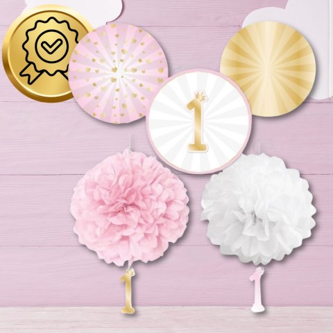 ZESTAW DEKORACJI NA ROCZEK 1 URODZINY DLA DZIEWCZYNKI RÓŻOWY 5 SZT.