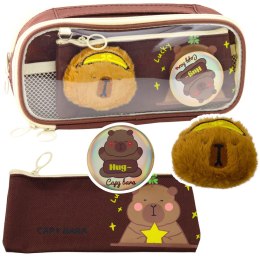 Piórnik Szkolny Kapibara Pluszowa Dodatkowa Saszetka Przypinka Brązowy 23cm