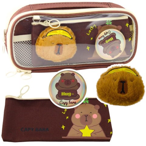 Piórnik Szkolny Kapibara Pluszowa Dodatkowa Saszetka Przypinka Brązowy 23cm