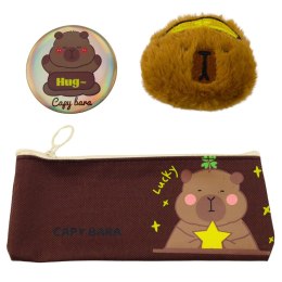 Piórnik Szkolny Kapibara Pluszowa Dodatkowa Saszetka Przypinka Brązowy 23cm