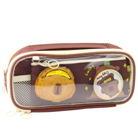 Piórnik Szkolny Kapibara Pluszowa Dodatkowa Saszetka Przypinka Brązowy 23cm