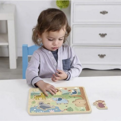 TOOKY TOY Drewniana Układanka Montessori Interaktywne Puzzle Dźwiękowe Dzikie Zwierzęta Safari