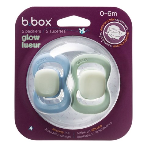 B.BOX BB300708 Smoczek silikonowy symetryczny 0-6m 2 szt glow in the dark błękit/szałwia