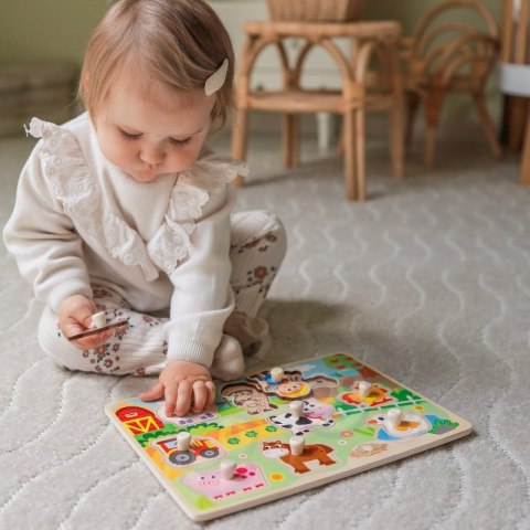 WOOPIE GREEN Drewniane Puzzle Montessori Farma z Pinezkami Do Dopasowania