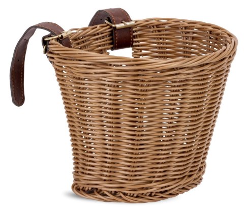 Koszyk plastikowy pleciony rozm. 17 x 17x 13.5 cm z paskiem do mocowania na kierownicę do roweru 12-16 cali - jasny brąz