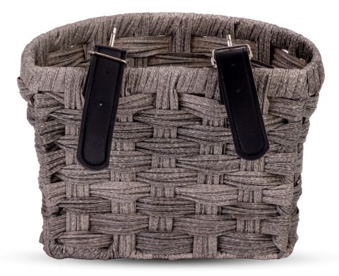 Koszyk pleciony plastikowy rozm. 22 x 15 x 15 cm z paskiem do mocowania na kierownicę do roweru 12-16 cali - szary