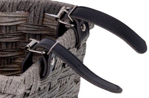 Koszyk pleciony plastikowy rozm. 22 x 15 x 15 cm z paskiem do mocowania na kierownicę do roweru 12-16 cali - szary