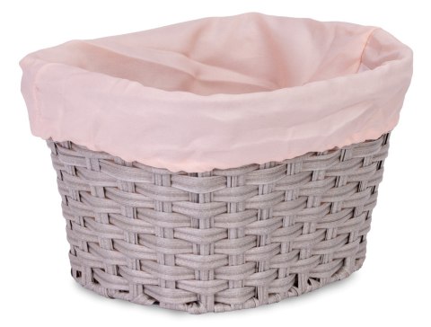 Koszyk pleciony plastikowy z różową materiałową wyściółką ze stalowym stelażem do mocowania na kierownicę do roweru 24-27 cali -