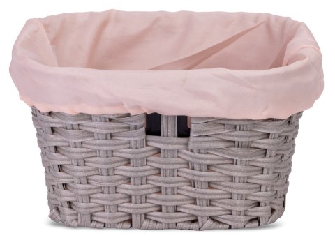 Koszyk pleciony plastikowy z różową materiałową wyściółką ze stalowym stelażem do mocowania na kierownicę do roweru 24-27 cali -