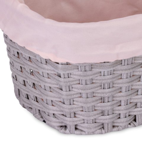 Koszyk pleciony plastikowy z różową materiałową wyściółką ze stalowym stelażem do mocowania na kierownicę do roweru 24-27 cali -