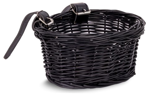 Koszyk z naturalnej plecionki rozm. 17 x 17x 13.5 cm z paskiem do mocowania na kierownicę do roweru 12-16 cali - czarny