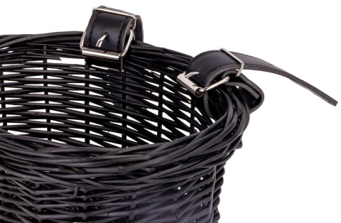 Koszyk z naturalnej plecionki rozm. 17 x 17x 13.5 cm z paskiem do mocowania na kierownicę do roweru 12-16 cali - czarny