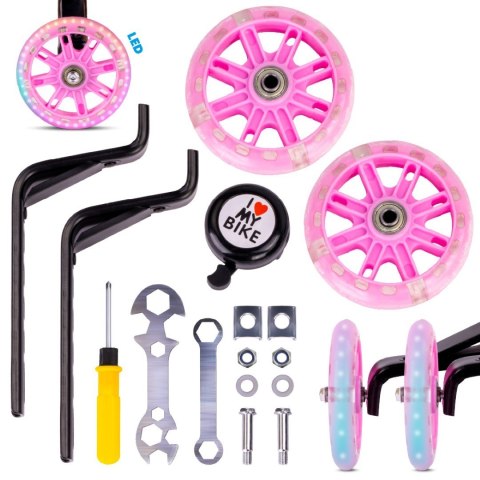 Zestaw kółka boczne diody LED podporowe z ramionami uniwersalne do roweru 12- 20 cali/regulowane 2szt + dzwonek + klucz montażow