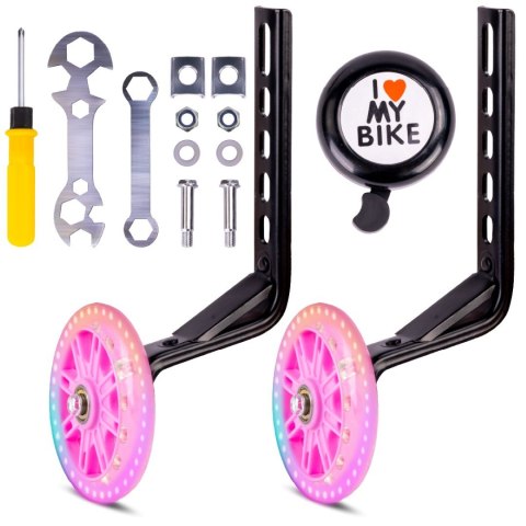 Zestaw kółka boczne diody LED podporowe z ramionami uniwersalne do roweru 12- 20 cali/regulowane 2szt + dzwonek + klucz montażow