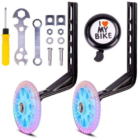 Zestaw kółka boczne diody LED podporowe z ramionami uniwersalne do roweru 12- 20 cali/regulowane 2szt + dzwonek + klucz montażow