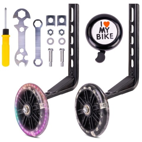 Zestaw kółka boczne diody LED podporowe z ramionami uniwersalne do roweru 12- 20 cali/regulowane 2szt + dzwonek + klucz montażow