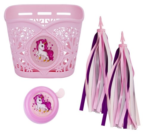 Zestaw koszyk rowerowy ażurowy plastikowy z wstążkami i dzwonkiem różowy