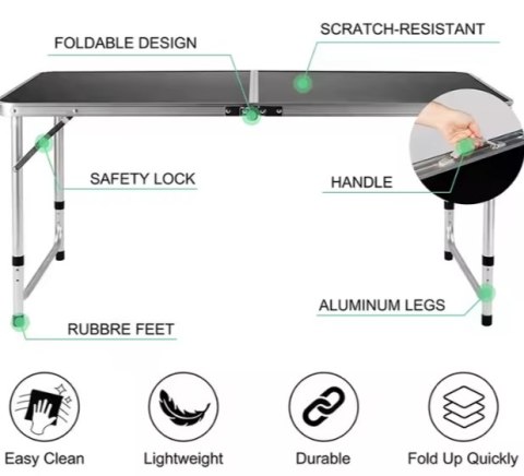 Stół Turystyczny Kempingowy Składany Regulowany Aluminiowy Czarny 120x60cm