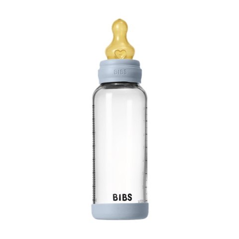 BIBS BUTELKA SZKLANA ze smoczkiem antykolkowym z kauczuku naturalnego poj 240 ml BABY BLUE