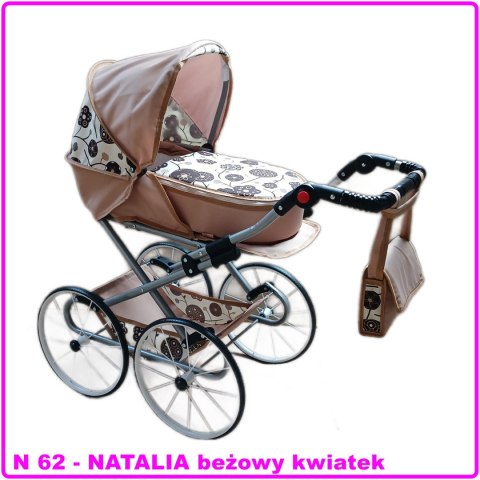 Wózek dla lalek głęboko-spacerowy NATALIA RETRO N62 beżowe kwiaty