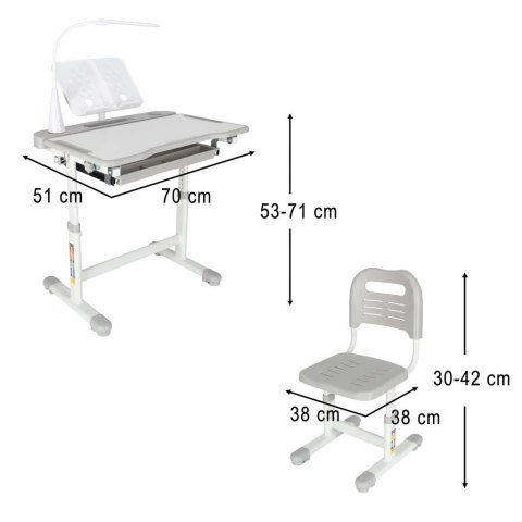 Biurko dziecięce szkolne regulowane krzesło lampka LED USB szare