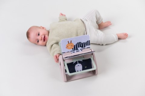 Czarno-Biała Książeczka Obracająca się z Grzechotką i Lusterkiem - Sensoryczna Zabawa dla Niemowląt