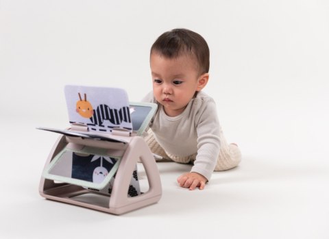 Czarno-Biała Książeczka Obracająca się z Grzechotką i Lusterkiem - Sensoryczna Zabawa dla Niemowląt