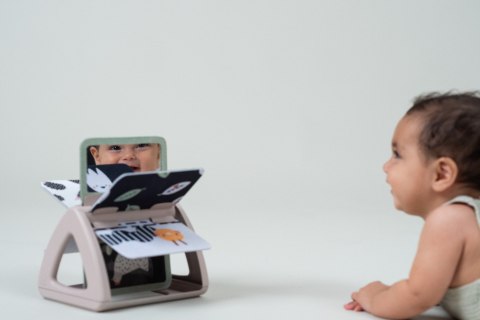 Czarno-Biała Książeczka Obracająca się z Grzechotką i Lusterkiem - Sensoryczna Zabawa dla Niemowląt