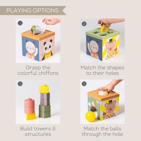 Taf Toys Pojemnik Zabawa i Odkrywanie - sensoryczna kostka edukacyjna 12m+ z chustkami, piłkami i klockami