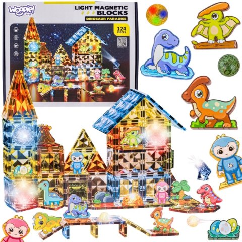 WOOPIE Klocki Magnetyczne Konstrukcyjne Świecące 3D Park Dinozaurów 124el.