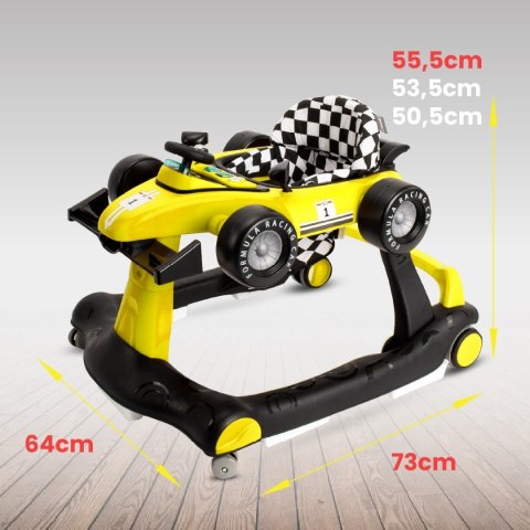 Chodzik, jeździk, pchacz WYŚCIGÓWKA FORMUŁA 1, 3w1 - żółty