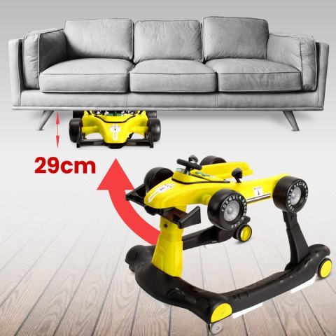 Chodzik, jeździk, pchacz WYŚCIGÓWKA FORMUŁA 1, 3w1 - żółty