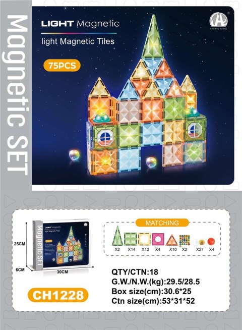 Zestaw Klocków Magnetycznych 3D z Podświetleniem 75el.