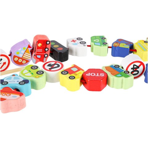 Klocki drewniane do nawlekania pojazdy znaki drogowe