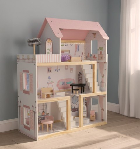 Domek dla lalek drewniany mebelki 78cm róż LED