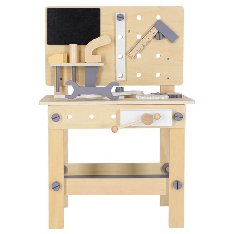 Warsztat z narzędziami drewniany na stoliku zestaw majsterkowicza