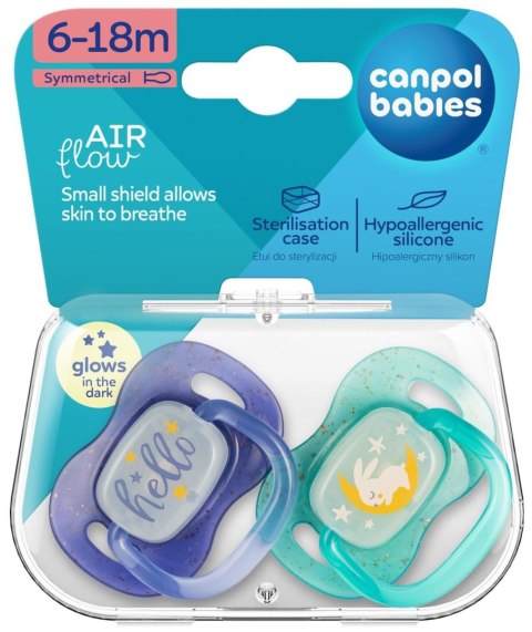 CANPOL 34/943 Smoczek uspokajający silikonowy 6-18m symetryczny NightGlow 2 szt niebieski
