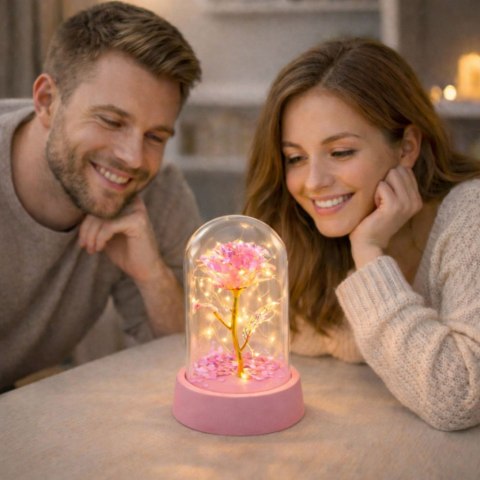 Wieczna Róża Kryształowa w Kopule z Oświetleniem LED Różowa 14x8cm