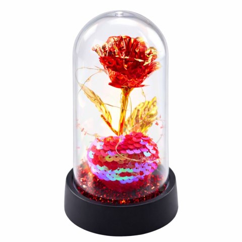 Wieczna Róża Kryształowa w Kopule z Oświetleniem LED z Serduszkiem 14x8cm