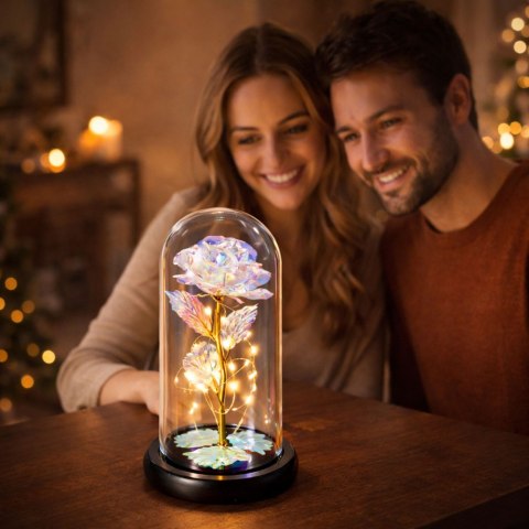 Wieczna Róża W Kopule Kryształowa Kolorowa Oświetlenie LED 21x11cm