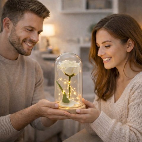 Wieczna Róża W Szkle Kopuła Oświetlenie LED Biała 21x11cm