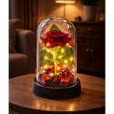 Wieczna Róża w Kopule z Oświetleniem LED Czerwona z Płatkami Róż 14x8cm