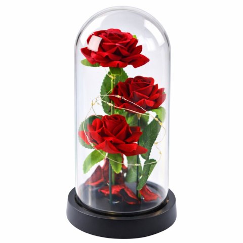Wieczne 3 Róże w Kopule z Oświetleniem LED i Płatkami Róż Czerwone 21x11cm