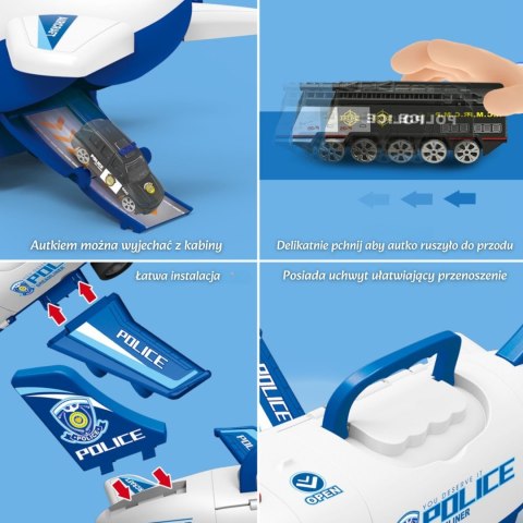 WOOPIE Samolot Rozkładany Transporter Policja z 3 Autami Policyjnymi Zestaw XL Znaki Drogowe