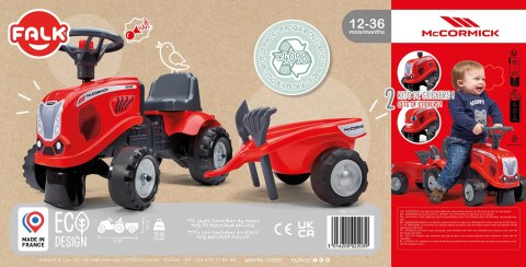 FALK Traktorek Baby Mac Cormick Czerwony z Przyczepką + akc. od 1-3 lat