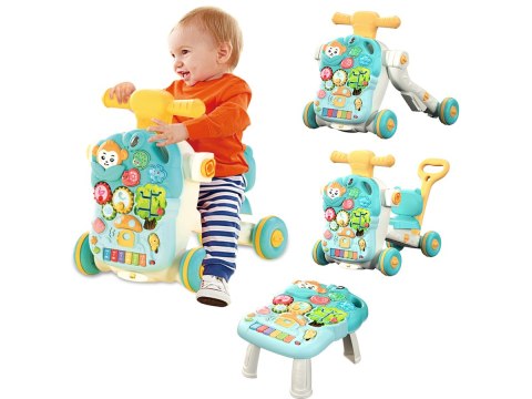 Wielofunkcyjny Interaktywny Jeździk Pchacz Chodzik Edukacyjny Stolik Grający 4w1 Niebieski