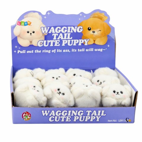 Pluszowy Biały Piesek z Kręcącym Ogonkiem Dźwięki Piszczenia Brelok 9 cm