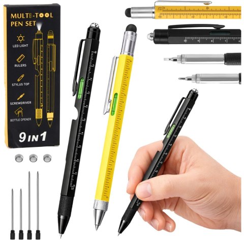 Długopisy Wielofunkcyjne 9w1 Poziomica Latarka Śrubokręt Żółty Czarny 2szt