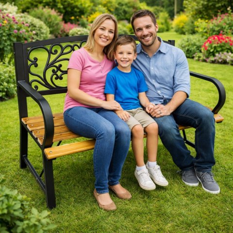 Ławka Ogrodowa Park Taras Ogród Metalowe Oparcie Drewniana Zdobiona 118 cm